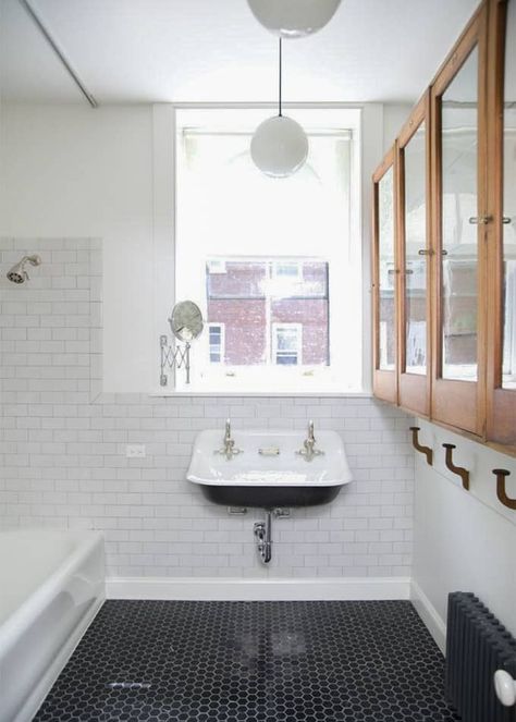 The Kohler Brockway Sink Pros and Cons - Bright Green Door Kohler Brockway Sink, Black And White Tile, Penny Tile, Bad Inspiration, Cottage Bathroom, Attic Renovation, Classic Bathroom, Boys Bathroom, White Subway Tile