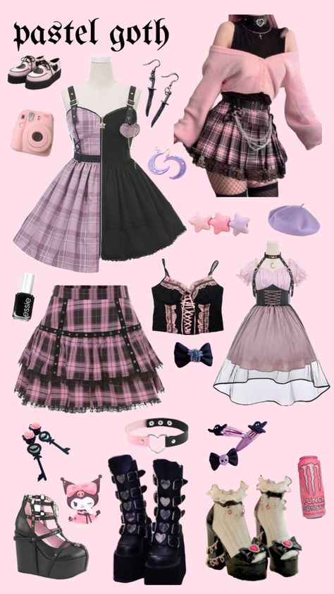 Sanrio Outfit Inspired, Pastel Goth Style Outfits, Pastel Goth Fashion Aesthetic, Pastel Gothic Aesthetic Outfit, Pink Aesthetic Clothes Pastel Goth, Cute Emo Style, Cute Emo Outfits Pastel Goth, Pastel Alt Aesthetic, Cute Goth Outfits Aesthetic