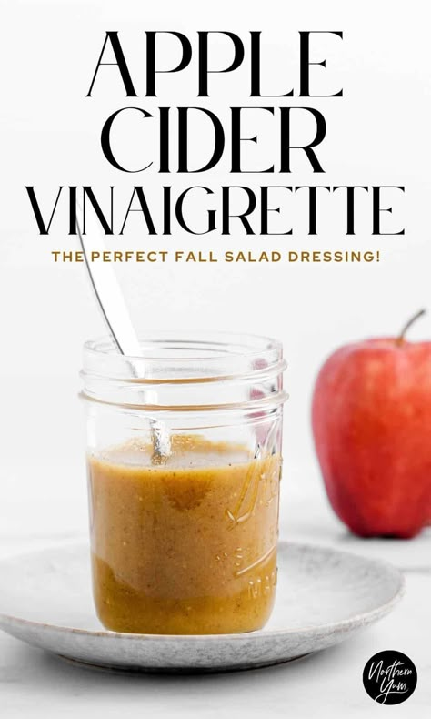 This apple cider vinaigrette combines apple cider vinegar, honey, and warm spices like cinnamon & cloves for a tasty, fall-inspired dressing. Apple Cider Vinaigrette Dressing, Cider Vinaigrette Dressing, Apple Cider Vinegar Dressing, Apple Cider Vinager, Thanksgiving Salad Recipes, Apple Cider Vinaigrette, Cider Vinaigrette, Thanksgiving Salad, Warm Apple Cider