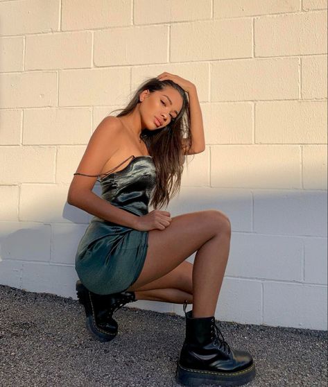 Jadon Outfit, Thigh High Socks Outfit, Doc Martens Jadon, Platform Boots Outfit, Jadon Platform Boots, High Socks Outfits, Platform Doc Martens, Doc Martens Outfits, Green Slip Dress