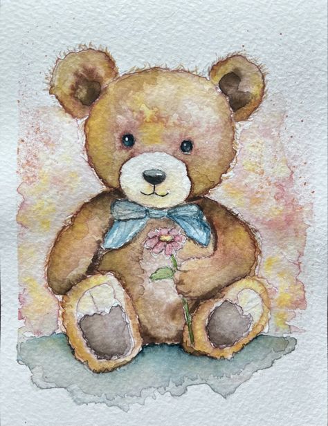 Watercolor-painted teddy bear, wearing a blue tie and holding a pink flower. Teddy Bear Watercolor, Bear Watercolor, Cute Teddy Bears, New Hobbies, Art School, Nursery Art, Watercolour Painting, Baby Room, Watercolor Art