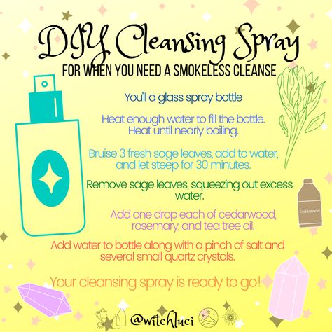 Diy Cleansing Spray, Rain Water Cleansing, Cleansing Spray Witchcraft Diy, Diy Protection Spray, Basil Floor Wash Spell, Auric Spray Recipe, Diy Sage Spray, Sage Spray Diy, Diy Smudge Spray