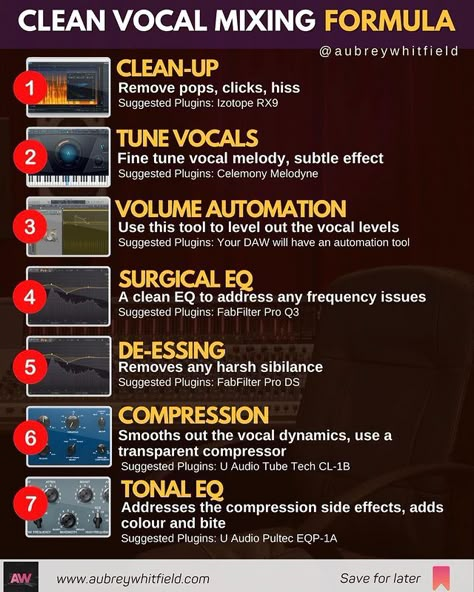 Aubrey Whitfield on Instagram: “CLEAN VOCAL MIXING FORMULA: I’ll kick off by saying that there is no magic formula, there is no right or wrong either - just different ways…” Fl Studio Vocal Mixing, Artist Management Music, Vocal Mixing, Frequency Chart, Music Hacks, Writing Songs Inspiration, Music Basics, Music Engineers, Audio Mastering