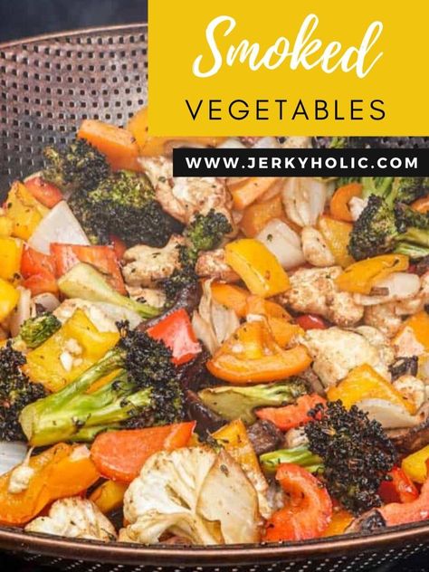 Crunchy Smoked Vegetables close up in the smoking basket. Grilled Vegtables, Traeger Cooking, Pellet Smoker Recipes, Smoked Vegetables, Grilled Vegetable Recipes, Traeger Recipes, Pellet Grill Recipes, Smoked Meats, Summer Veggies