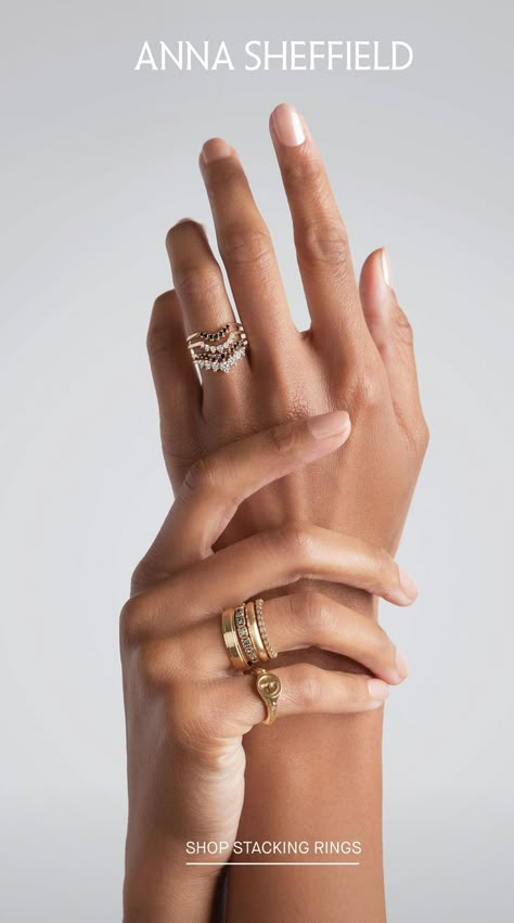 two hands with stacks of diamond rings and gold rings Fine Jewelry Photography, Ring Combinations, Ring Photoshoot, Anna Sheffield, Jewellery Photography Inspiration, Ring Photography, Jewelry Product Shots, Creative Jewelry Photography, Weird Jewelry