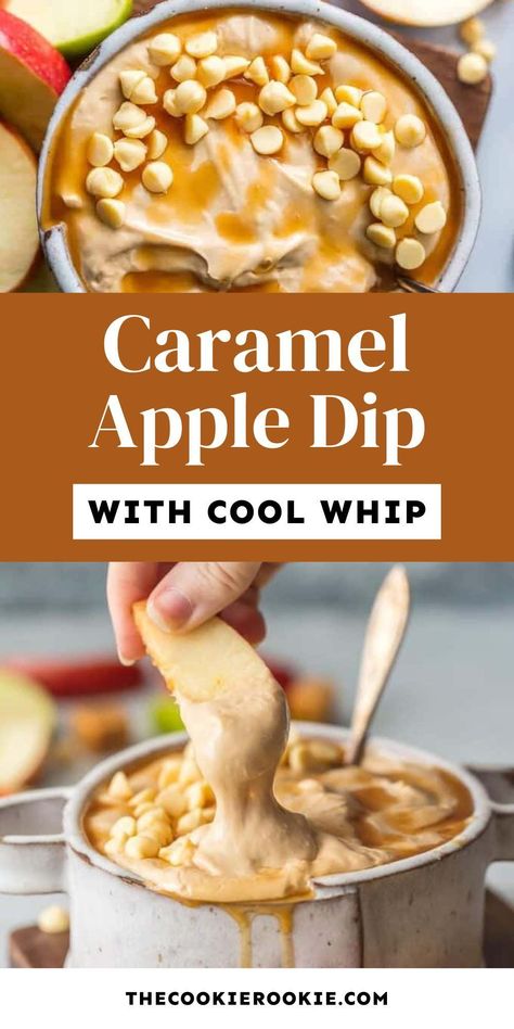 This Caramel Apple Dip with Cool Whip combines creamy caramel and fluffy Cool Whip for a light, sweet treat. Ideal for dipping apple slices or serving at gatherings! Pop over to my site for this easy fall recipe! Caramel Apple Dip Healthy, Caramel Fluff Dip, Fall Appetizer Dips, Whipped Caramel Apple Dip, Apples And Dip Ideas, Apple Fluff Dip, Fluff Dip Recipes, Cool Whip Dip Recipes, Dips For Apples