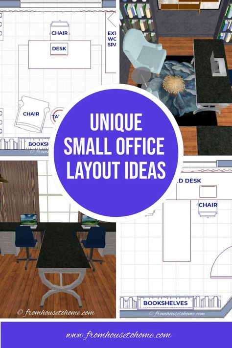 unique small office layout ideas L Desk Office Layout Small Spaces, Desk In Middle Of Room Home Offices, Small Home Office L Shaped Desk Layout, Home Office Desk In Front Of Window Work Spaces, Home Office Rectangle Room, Small Office Space Layout, Home Office Addition Ideas, 5 Person Office Layout, Office Desk Layout Ideas