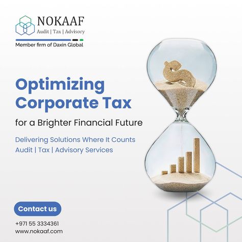 Optimize your corporate tax strategy for a brighter financial future with NOKAAF Auditors. Our expert team delivers tailored solutions that matter, offering comprehensive audit, tax, and advisory services. Enhance compliance, maximize savings, and drive sustainable business growth by partnering with us. Feel free to reach out to us at: ☎️: +971 55 3334361 📩: info@nokaaf.com #NOKAAF #DAXINGLOBAL #NOKAAFAuditors #Dubai #UAEAudit #UAE #CorporateTax #Audit #Tax #Advisory #BusinessGrowth Corporate Tax, Tax Consulting, Design Identity, Tax Services, Accounting Firms, Sustainable Business, Income Tax, Creative Ads, Business Growth