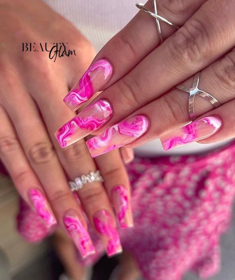 Pink nails Pink Nails Abstract Design, Pink Wavy Nails, Marble Pink Nails, Pink Marble Nails, Graduation Nail Designs, Wave Nails, Marble Nail Designs, Acrylic Toe Nails, Tie Dye Nails