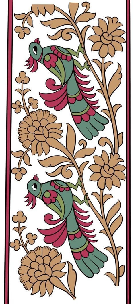 Kalamkari Animal Motifs, Rajistani Motifs, Kalamkari Lace Border, Kalamkari Borders Design, South Indian Decor, Textured Art Ideas, Kalamkari Border, Birds Motifs, Borders For Quilts