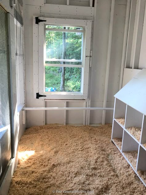 Chicken Coop White Interior with Nesting Boxes, rubber floor mats, diy screen window Coop Color Ideas, Chicken Coop Interior, Coop Interior, Walk In Chicken Coop, Cute Chicken Coops, Chicken Shed, Backyard Chicken Coop Plans, Diy Chicken Coop Plans, Chicken Coop Run