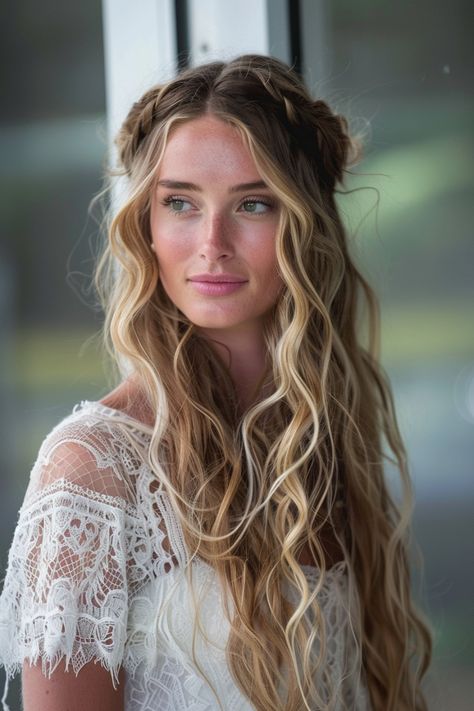 Hairstyle Boho Wedding, Large Braid Wedding Hair, Boho Bridal Hair With Flowers, Boho Hair Down Wedding, Boho Hair For Wedding, Hippy Wedding Hair, Celtic Wedding Hairstyles, 70s Wedding Hair, Boho Hairstyles Wedding