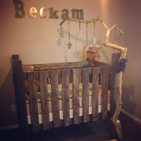 Homemade crib and mobile for our little man Homemade Crib, Baby Crib Diy, Diy Crib, Baby Boy Bedding, Baby Planning, Rustic Baby, Nursery Baby Room, Baby Time, Baby Bedroom