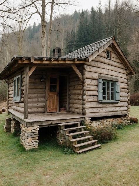 Cabin Style Homes, Little Cabin In The Woods, Log Cabin Rustic, Small Log Cabin, Building A Cabin, Cabin Living, Little Cabin, Log Cabin Homes, Tiny House Cabin