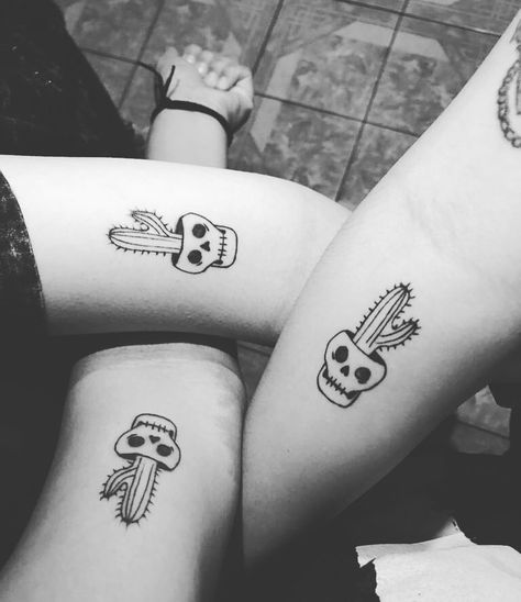 101 Sister Tattoos That Prove She's Your Best Friend in the World Horror Friends Tattoo, Dark Friend Tattoos, Friend Tattoos Matching 3 People, Mother Daughter Spooky Tattoos, Sister Halloween Tattoos, Same Tattoos For Friends, Group Small Tattoos, Matching Halloween Tattoos Best Friends, Best Friend Skull Tattoos