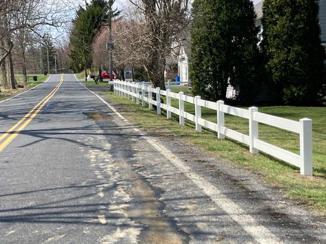 Maintenance free white vinyl post and rail fence installed by Trevor & Ray from #triborofence #vinylfence White Farm Fence, Post And Rail Fence With Wire, White Split Rail Fence, Vinyl Split Rail Fence, Rural Dog Fencing, Post And Rail Fence, Rail Fence, Vinyl Fence, White Vinyl