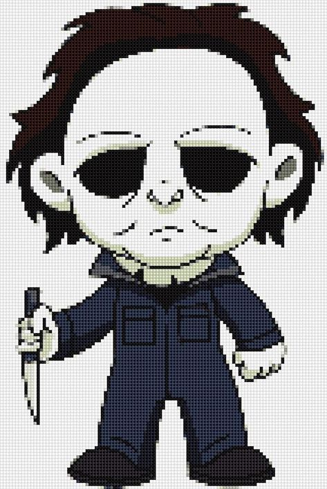 Michael Myers Ultimate Chibi cross stitch and plastic canvas Chibi Cross Stitch, Wooden Clothespin Crafts, Plastic Canvas Box Patterns, Geeky Cross Stitch, Dragon Cross Stitch, Cross Stitch Quotes, Halloween Cross Stitch Patterns, Funny Cross Stitch Patterns, Subversive Cross Stitch