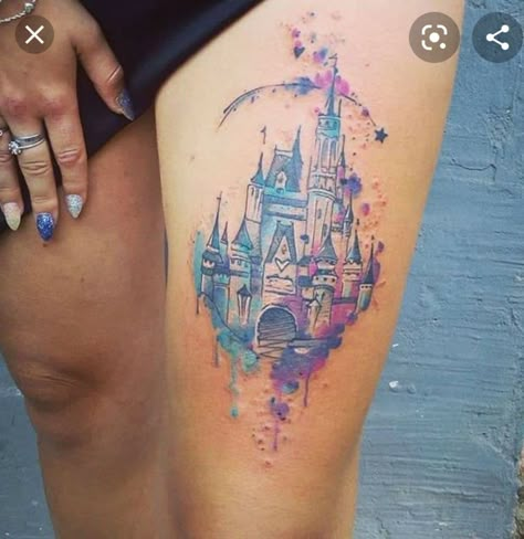 Disney Castle Watercolor Tattoo, Beauty And The Beast Castle Tattoo, Cinderella Castle Tattoo, Disney Thigh Tattoo, Disney Watercolor Tattoo, Disney Castle Tattoo, Cinderella Tattoo, Disney Inspired Tattoos, Beauty And The Beast Tattoo