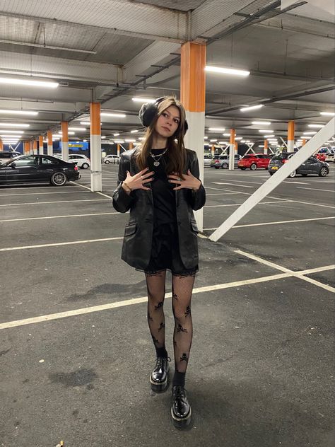 Jumpsuit And Doc Martens, Fishnet Doc Martens Outfit, Fishnets Outfit, Martens Outfit, Doc Martens Outfit, Leather Jacket Outfits, Parking Garage, Chi Chi, Doc Martens