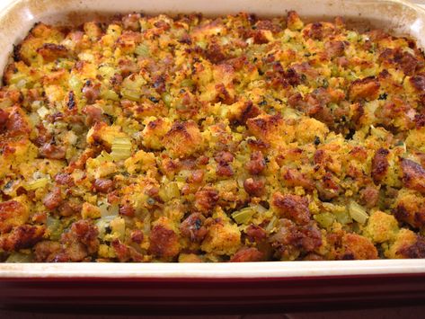 Cornbread Stuffing with Sausage - Gluten Free! Cornbread Sausage Dressing, Cornbread Dressing With Sausage, Dressing With Sausage, Sausage Dressing, Sage Chicken, Sausage Cornbread Stuffing, Thanksgiving Casserole, Bread Dressing, Cornbread Dressing Southern