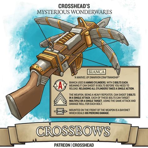 Homebrew Magic Weapon Very Rare Bianca Crossbow Magic Item for D&D 5E, Dungeons and Dragons, DnD made by CrossheadStudios. Dragon Age Origins - Inquisition Varric Crossbow Dnd, Dnd Crossbow Designs, 5e Crossbow, Rare Magic Items 5e, Dnd Crossbow, Homebrew Magic Items, Dnd 5e Wondrous Items, Heavy Crossbow, Homebrew Items