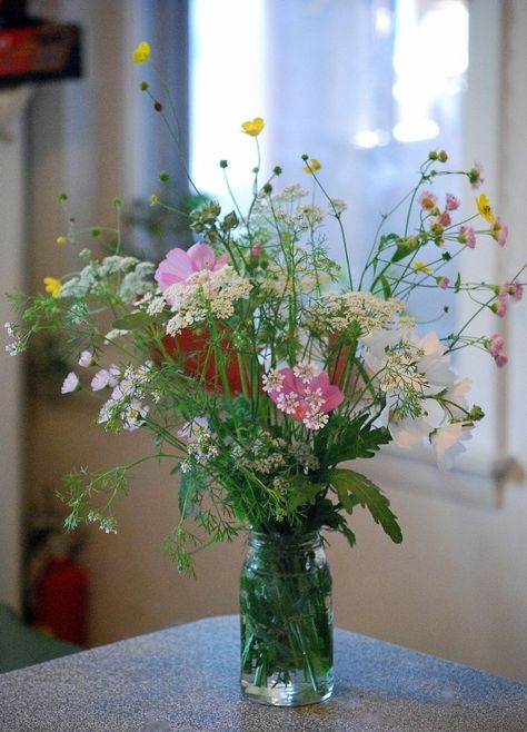 Buttercups, cosmos & wild carrot. Bouquet Champetre, Wildflower Garden, Indoor Flowers, Wildflower Bouquet, Wildflower Wedding, Bunch Of Flowers, Flower Farm, Summer Flowers, Cut Flowers