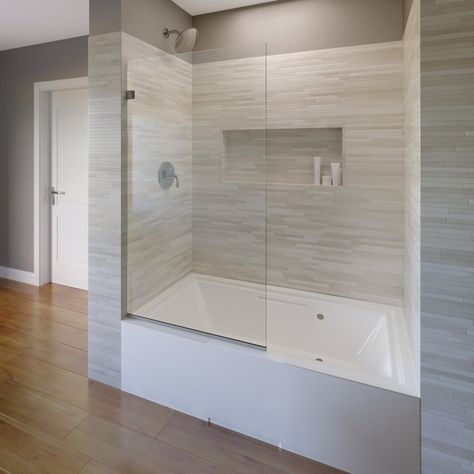 Bathtub Converted To Shower Master Bath, Glass Tub Shower Doors, Tub And Shower Combo Ideas Small Baths, Bathroom Remodel Small With Tub, Modern Shower Tub Combo, Jetted Tub Shower Combo, Small Bathroom Walk In Shower Ideas, Tub With Tile Walls, Basco Shower