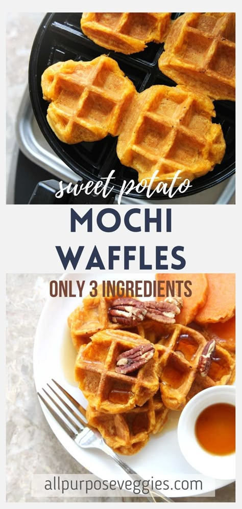 Potato Mochi Recipe, Tofu Waffles, Mochiko Recipes, Lentil Waffles, Mochi Muffin, Sweet Potato Waffle Fries, Mochi Waffle Recipe, Sweet Potato Mochi, Mochi Waffle