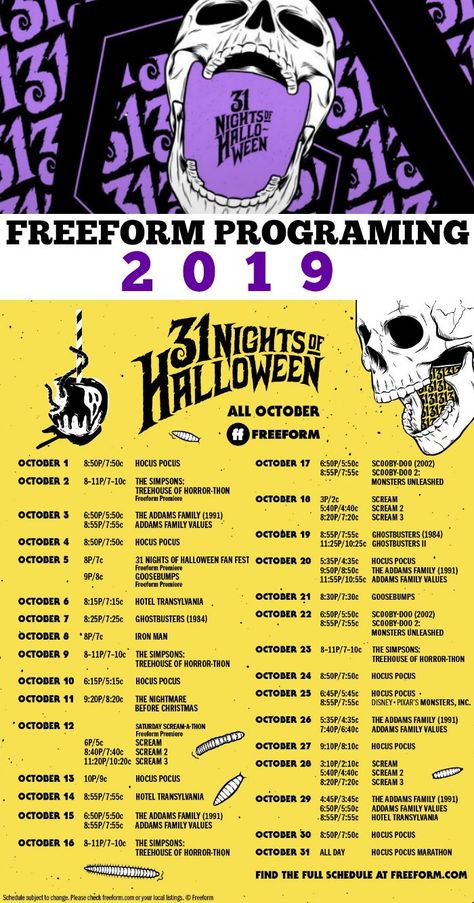 Freeform 31 Nights of Halloween Movie Calendar 2019 – Great Halloween Movies to watch on TV this Halloween! Halloween Movie Calendar, Movie Calendar, Movie Night Halloween, Autumn Goals, October Goals, 31 Nights Of Halloween, Halloween Movies List, Fright Fest, October Favorites