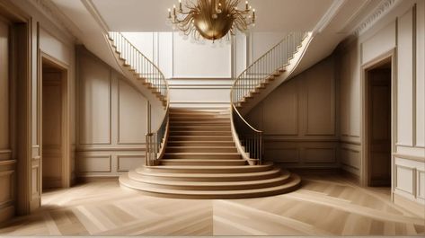 Luxurious Modern Parisian Grand Foyer with Double Staircase and Brass Balustrade | MUSE AI Grand Staircase Modern, Brass Balustrade, Double Staircase Foyer, Dual Staircase, Modern Parisian, Double Staircase, Grand Foyer, Entrance Foyer, Memorial Museum