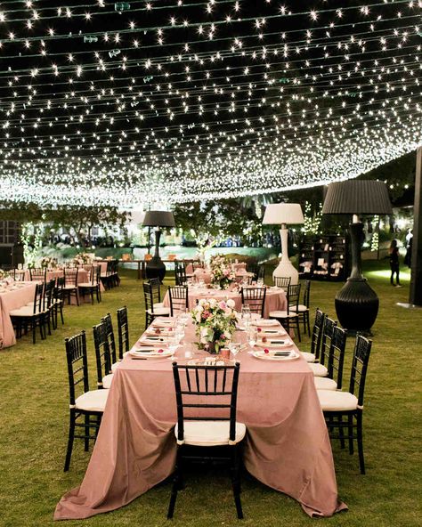 Hanging Tree Lights, Twinkle Lights Wedding, Fairy Lights Wedding, Wedding Ceiling, Lights Wedding Decor, Bistro Lights, Beautiful Outdoor Wedding, Outdoor Wedding Inspiration, Diy Event