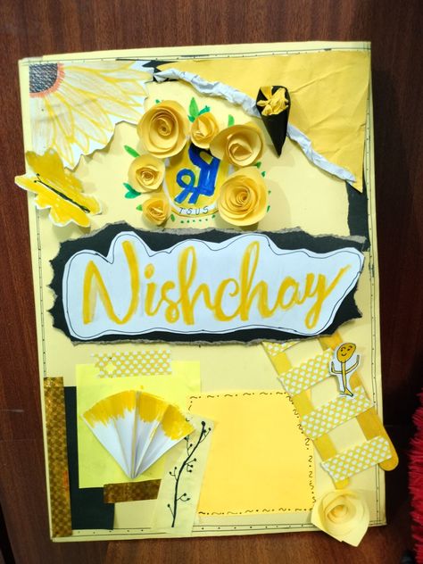 Yellow house( Nishchay) Register record cover idea.. File Decoration Ideas Cover, First Page Of Project, Cover Page For Project, Aesthetic Note, File Decoration, Book Cover Page Design, Project Cover Page, File Decoration Ideas, Holiday Homework