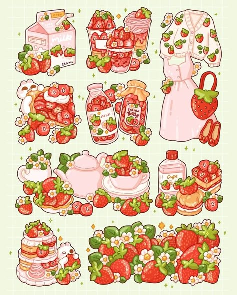 Sorry Illustration Cute, Strawberry Doodle Aesthetic, Strawberry Food Drawing, Animated Strawberry Aesthetic, Strawberry Cake Aesthetic Drawing, Strawberry Sticker Sheet, Cute Small Drawings, Foodie Art, Food Artwork