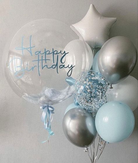 Sky Blue Birthday Theme, Blue Balloon Bouquet, Light Blue Birthday, Types Of Balloons, Balloon Bouquet Diy, Happy Birthday Decor, Birthday Goals, Birthday Dates, 14th Birthday