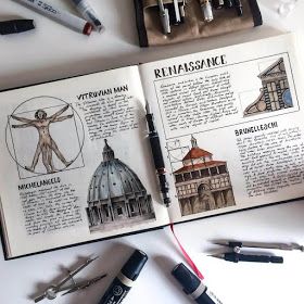 Renaissance Art by Oğuzhan Çengel Sketchbook Architecture, Architecture Journal, Kunstjournal Inspiration, Aesthetic Journaling, Sketchbook Layout, Diary Design, Istoria Artei, Gcse Art Sketchbook, Architecture Sketchbook