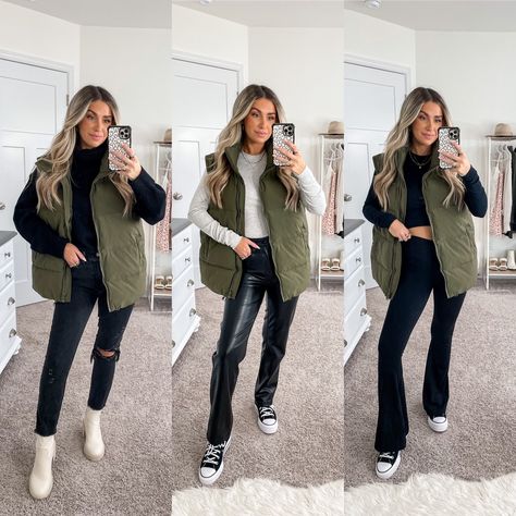 Dark Green Puffer Vest Outfit, Puffer Vest Outfit For Work, Olive Green Vest Outfits For Women, Green Puffer Vest Outfits For Women, Olive Puffer Vest Outfit, Green Vest Outfit Fall, Olive Green Puffer Vest Outfit, Green Vest Outfits For Women, Olive Vest Outfit