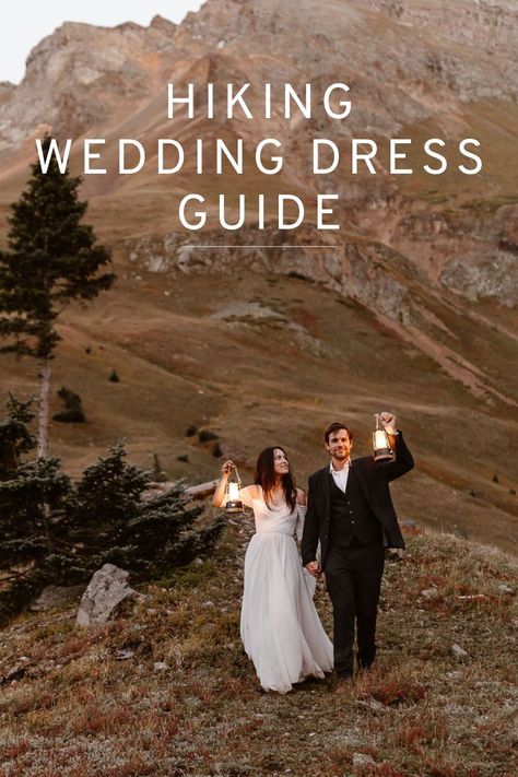 Find the perfect elopement dress that is both beautiful and functional for your adventurous elopement. Find all of the tips and inspiration to your perfect elopement dress in this guide. Hiking Wedding, Elopement Dresses, Wedding Dress Elopement, Dramatic Wedding Dress, Small Wedding Photography, Outdoorsy Couple, Hiking Elopement, Mountain Engagement Photos, Mountain Engagement Session