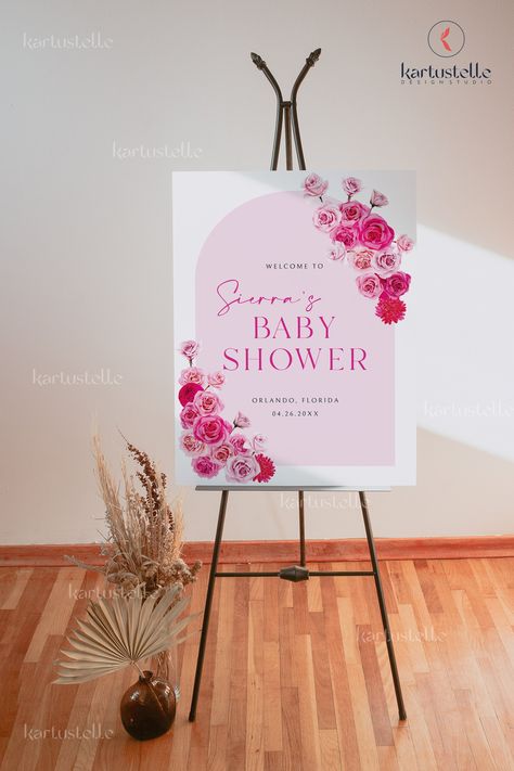 Pink Floral Bridal Shower, Pink Floral Baby Shower, Blush Pink Roses, Hot Pink Floral, Baby Posters, Welcome Sign Template, Baby Shower Sign, Bridal Shower Welcome Sign, Shower Welcome Sign