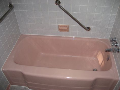 Our “New” Home – a 1962 Brick Ranch – in Norfolk, VA | Sears Modern Homes Pink Tub Bathroom, Pink Tub Bathroom Ideas, 60s Bathroom Remodel, 1960s Bathroom Remodel, Tub Inspiration, Retro Bathroom Remodel, 60s Bathroom, Tub Bathroom Ideas, Tub Surround Ideas