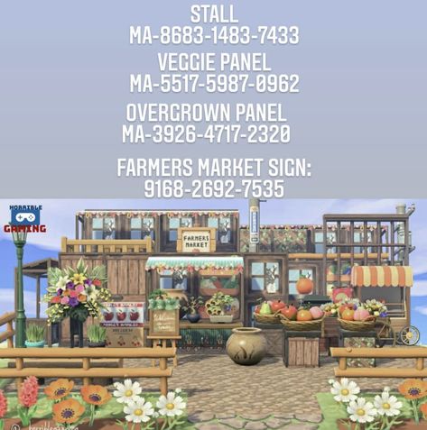 Acnh Farmers Market Idea Codes, Acnh Veggie Stall Design, Farmers Market Animal Crossing Code, Acnh Vegetable Stall Design Code, Acnh Market Ideas, Acnh Farmers Market Codes, Acnh Farm Codes, Farmers Market Acnh Code, Animal Crossing Vegetable Stall