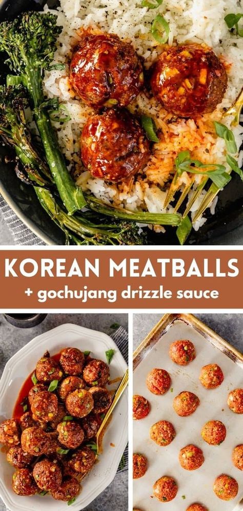 Korean Meatballs with Gochujang Drizzle Sauce Korean Meatballs Recipes, Korean Bbq Meatballs, Korean Meatballs, Gochujang Recipe, Korean Bbq Beef, Quick Chicken Dinner, 30 Minute Meals Healthy, Bulgogi Recipe, Meatball Dinner