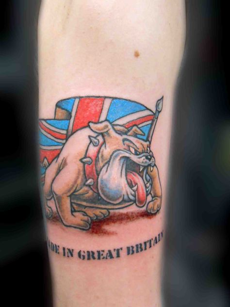 bulldog tattoo British Bulldog Tattoo, Made In England Tattoo, Skinhead Tattoos, England Tattoo, British Tattoo, Calf Tattoo Men, Bulldog Tattoo, Tattoo Symbols, Dog Line Art