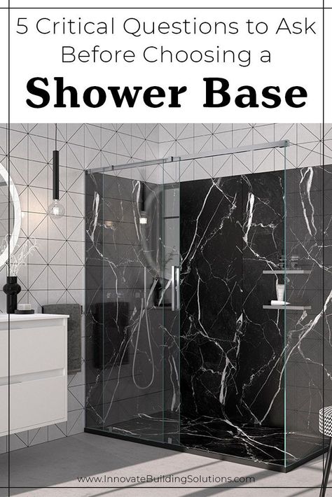 Questions you NEED to ask before buying ANY shower pan. Don't waste your money on a crappy shower base that won’t last! | Innovate Building Solutions | #Bathroomremodel #Showerremodel #DIYShower #ShowerDesign | Bathroom Design | Shower and tub remodel Shower And Tub Remodel, Shower Floor Pan, Concrete Shower Pan, Tool Shed Organizing, Concrete Shower, Critical Questions, Tub Remodel, Shed Organization, Bathroom Wall Panels