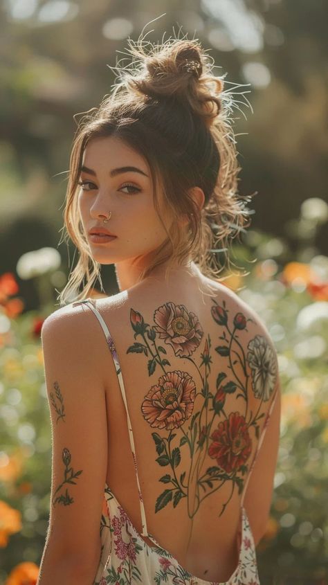 Plants Chest Tattoo, Artsy Back Tattoos, Strong Mom Tattoo, Full Back Tattoo Flowers, Coloured Floral Tattoo, Wildflower Cover Up Tattoo, Sepia Tattoos, Nature Back Tattoo Women, Back Tattoos Floral