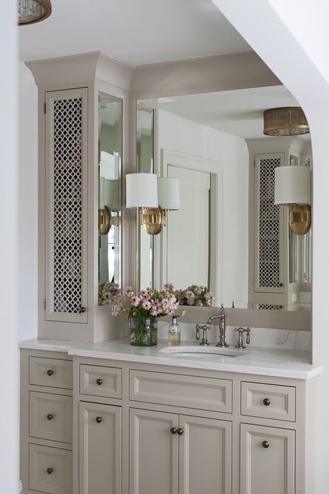 Bathroom Sinks Under Windows, Bathroom With Bronze Hardware, Small Bathroom Maximum Storage, Vintage Shabby Chic Bathroom, Cabinet On Bathroom Counter, Refinished Bathroom Cabinets, Bathroom Vanity Corner Cabinet, One Sink Master Bath, Built Ins Bathroom