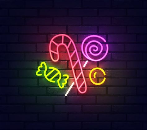 Vector candies neon sign. glowing neon l... | Premium Vector #Freepik #vector #neon-sign #vintage-light #light-sign #neon-lamp Candy Text, Restaurant Wall Decor, Candy Icon, Logo Company, Brick Wall Background, Bar Logo, Pop Art Comic, Simple Icon, Neon Glow