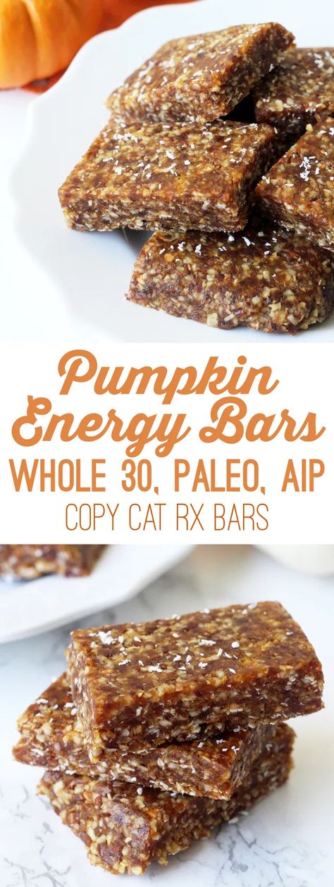 Paleo Pumpkin Energy Bars (Whole 30 & AIP) - Unbound Wellness Aip Granola Bars, Rx Bars, Aip Snacks, Aip Vegan, Paleo Protein Bars, Aip Snack, Dessert Pumpkin, Unbound Wellness, Paleo Protein