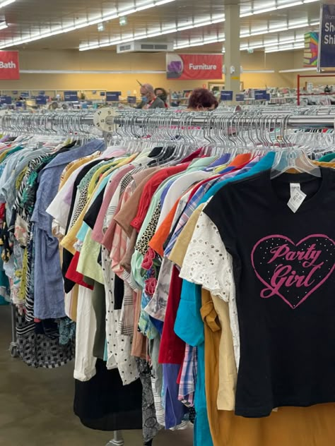 A clothing rack inside a thrift store Goodwill Outfits Thrifting Ideas, Thrift Store Aesthetic Outfits, Thrifting Pics, Goodwill Aesthetic, Thrift Store Aesthetic, Goodwill Outfits, Thrifting Outfits, Thrifted Aesthetic, 15th Birthday Ideas