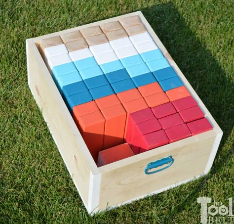 Make your own Jumbo Jenga with a carrying crate that doubles as a playing stand. Add colored dice for a fun roll 'n go option to mix things up. Giant Jenga Storage, Diy Lawn Jenga, Jumbo Jenga, Yard Jenga, Jenga Diy, Giant Jenga Game, Diy Jenga, Yard Game, Diy Yard Games