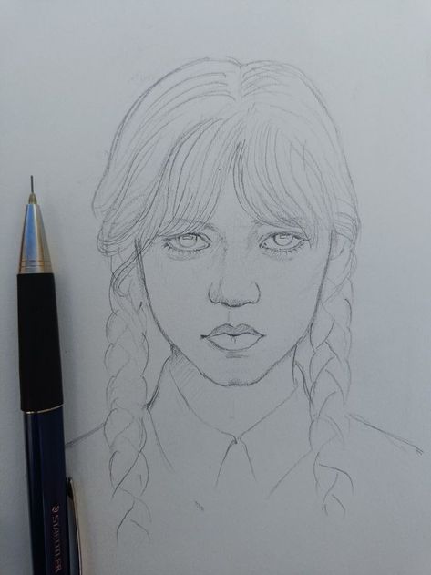 Wednesday Anime Drawing, Person Pencil Sketch, Wednesday Addams Drawing Easy Jenna Ortega, Wensday Art Drawing, Drawing Wensday, Wensday Drawing Easy, Wednesday Pencil Drawing, Wensday Sketch, Wednesday Addams Zeichnung